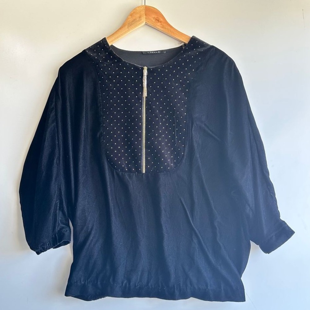 T Tahari Lala Velvet Blouse Gold Dot Dolman Sleeve Oversize NWT (FLAW)‎